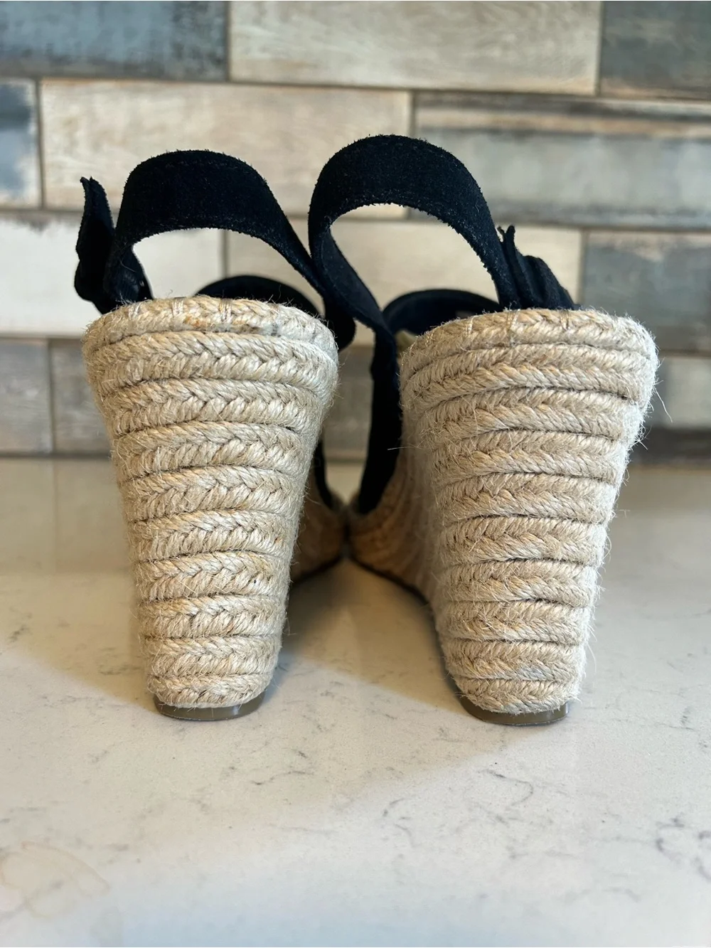 TOMS Monica Black Suede Leather Wedge Espadrille Sandals